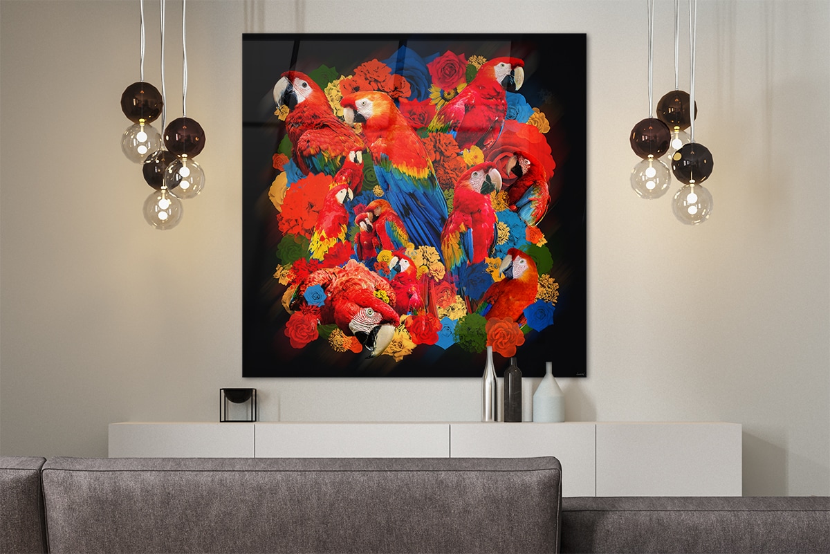 Voorbeeld Schilderij Papegaai bloemen rood blauw